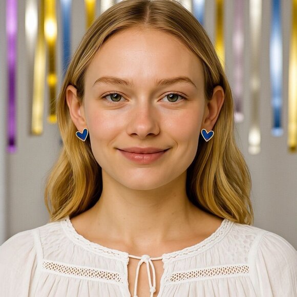 Royal Blue Enamel Heart Stud Earrings Gold Tone Statement Cute Gift for Girls - Picture 7 of 12